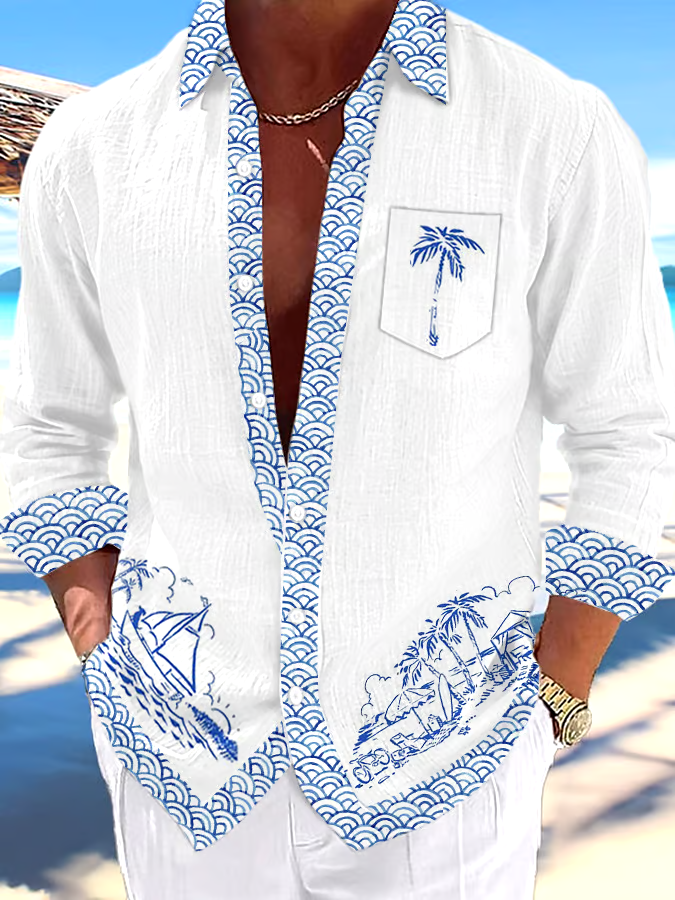 Men's Artistic Vacation Printed Long Sleeve Shirt (With Pockets)