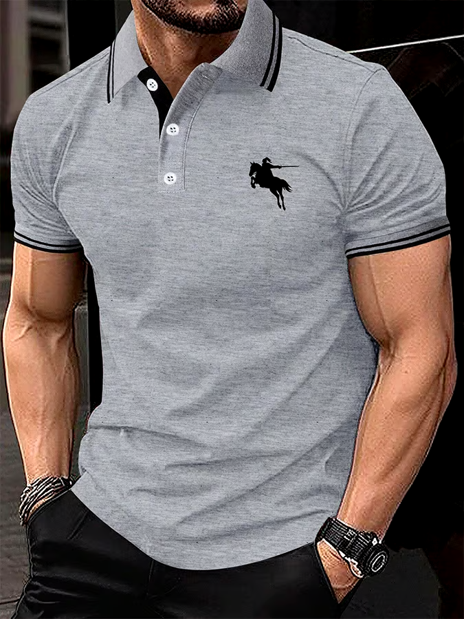 Men's Horse Stripe Print Casual Polo Shirt