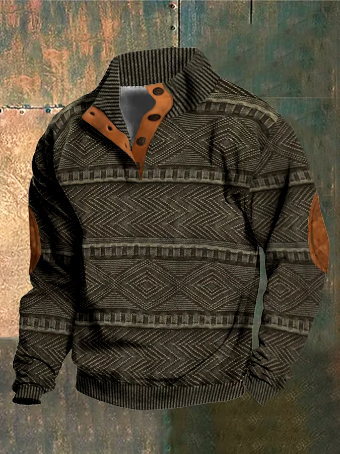 Men's Casual Retro Print Stand Collar Button Sweatshirt