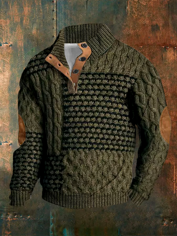 Men's Fried Dough Twists Braid Printed Standing Collar Button Casual Sweatshirt